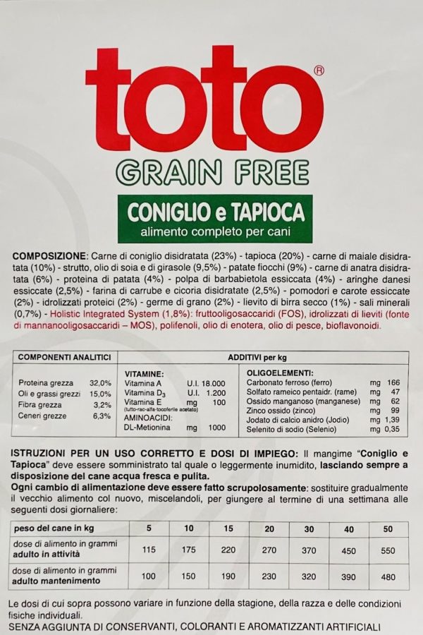 12 Kg - Toto Holistic Open Formula Grain Free Coniglio e Tapioca per Cani - immagine 3
