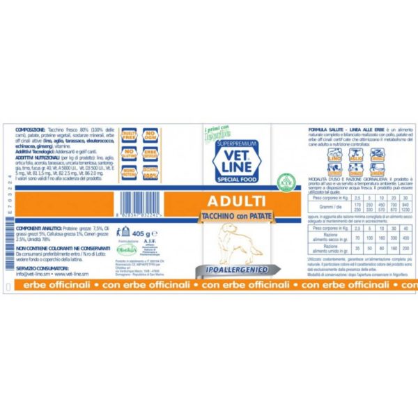 Vet Line Umido Tacchino e Patate per Cani Adulti Ipoallergenico 400g - Caratteristiche