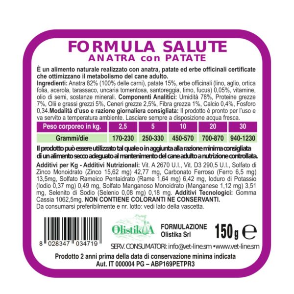 Vet Line Salute Anatra con Patate 150g Alimento Umido Monoproteico per Cani VetLine - Caratteristiche