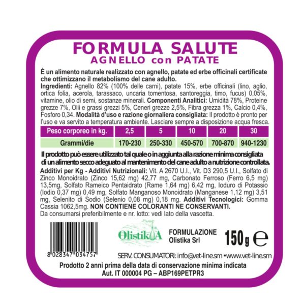 Vet Line Salute Agnello con Patate 150g Alimento Umido Monoproteico per Cani VetLine - Caratteristiche