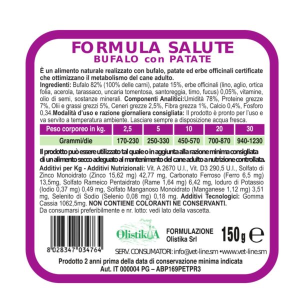 Vet Line Salute Bufalo con Patate Alimento Umido Monoproteico per Cani - Formato 150g caratteristiche