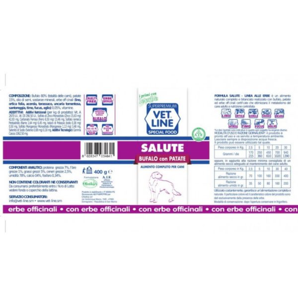 Vet Line Salute Bufalo con Patate Alimento Umido Monoproteico per Cani - Formato 400g caratteristiche