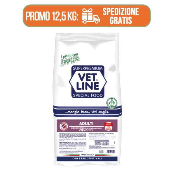 Vet Line Adulto Cervo per Cani Adulti Monoproteico VetLine - PROMO! PER SACCO DA 12,5kg SPEDIZIONE GRATUITA!!!