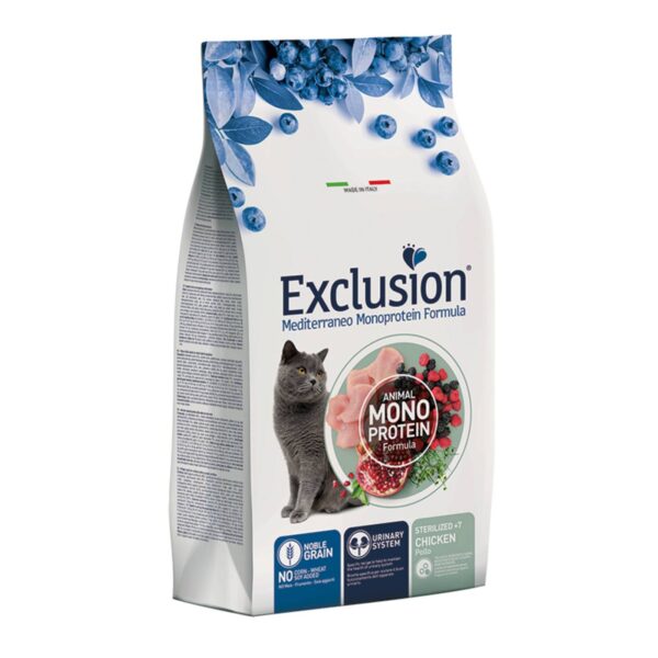 Exclusion Mediterraneo Monoproteico Noble Grain Cat Sterilized +7 Pollo per Gatti Sterilizzati oltre i 7 anni 1,5Kg