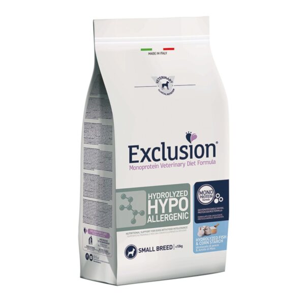 Exclusion Diet Hydrolyzed Hypoallergenic Small Pesce e Amido di Mais per Cani 2Kg