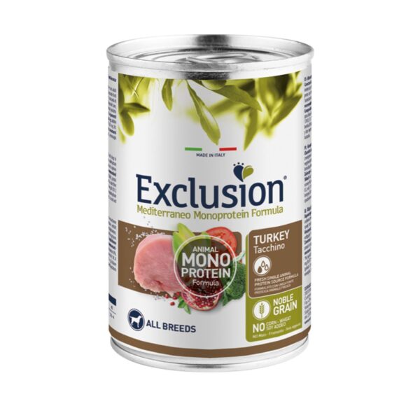 Exclusion Mediterraneo Monoproteico Noble Grain Adult All Breeds Tacchino Alimento Umido per Cani Adulti 400gr