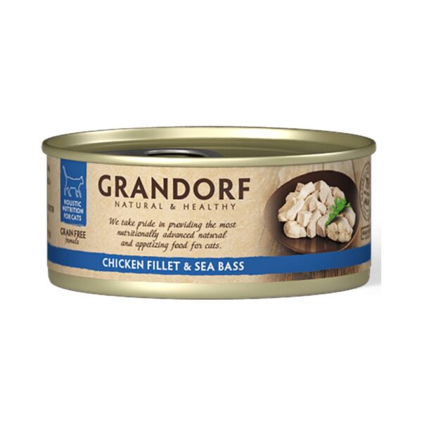 Grandorf Alimento Umido per Gatti Filetti di Pollo e Branzino 70g
