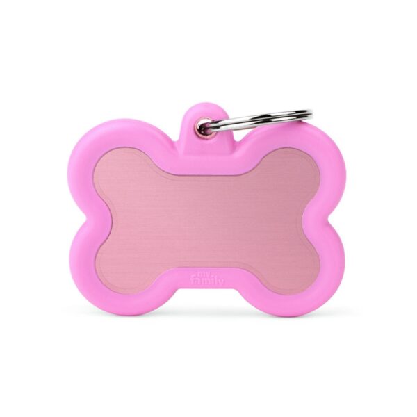 MyFamily Medaglietta per Cani Personalizzabile Hushtag Osso Alluminio - Variante rosa con gomma rosa