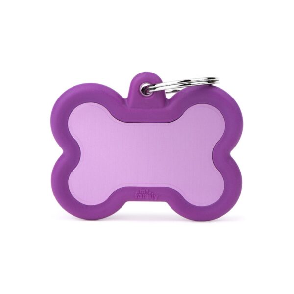 MyFamily Medaglietta per Cani Personalizzabile Hushtag Osso Alluminio - Viola con gomma viola