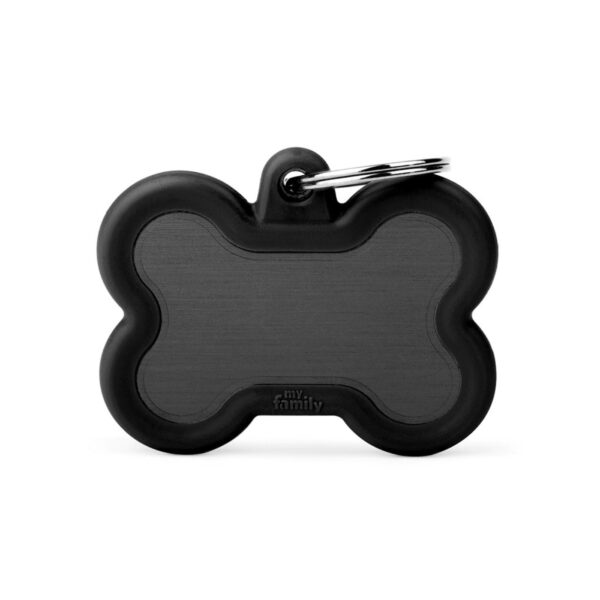 MyFamily Medaglietta per Cani Personalizzabile Hushtag Osso Alluminio - Variante nero con gomma nera