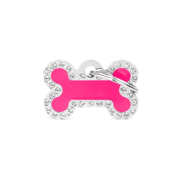MyFamily Medaglietta per Cani Personalizzabile Glam Osso Fucsia Piccolo Strass