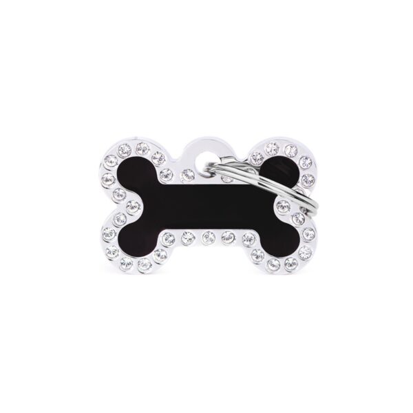 MyFamily Medaglietta per Cani Personalizzabile Glam Osso Nero Piccolo Strass