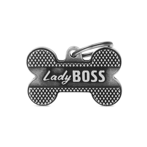 MyFamily Medaglietta per Cani Personalizzabile Osso Bronx Lady Boss Argento Antico