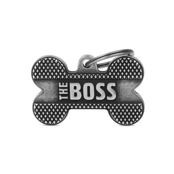 MyFamily Medaglietta per Cani Personalizzabile Osso Bronx Boss Argento Antico