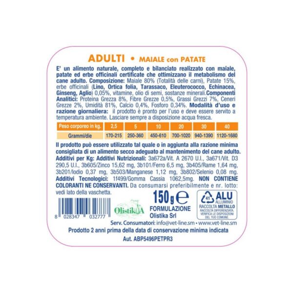 Vet Line Umido Adulti Maiale e Patate per Cani Adulti Monoproteico VetLine - Formato 150gr caratteristiche