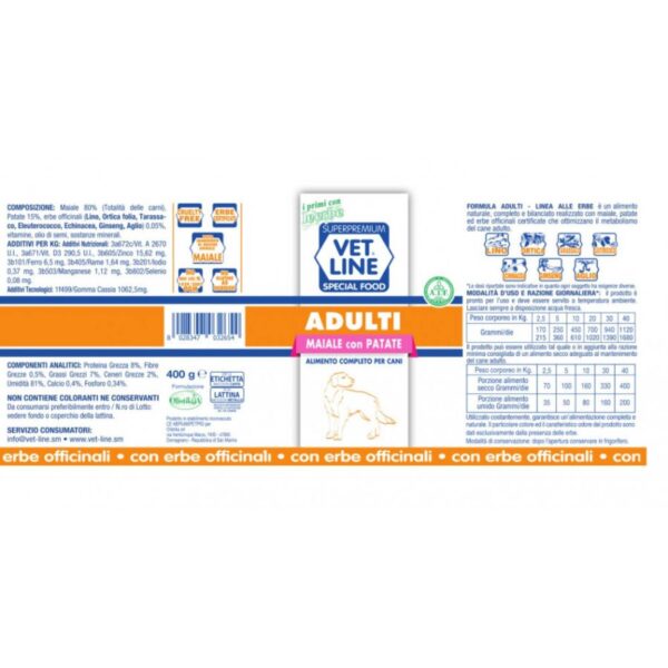 Vet Line Umido Adulti Maiale e Patate per Cani Adulti Monoproteico VetLine - Formato 400gr caratteristiche