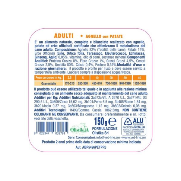 Vet Line Umido Adulti Agnello e Patate per Cani Adulti VetLine - Formato 150gr caratteristiche