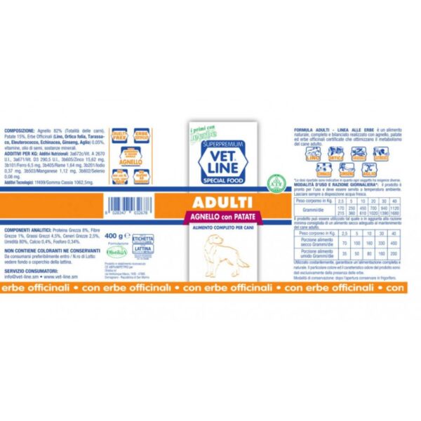 Vet Line Umido Adulti Agnello e Patate per Cani Adulti VetLine - Formato 400gr caratteristiche
