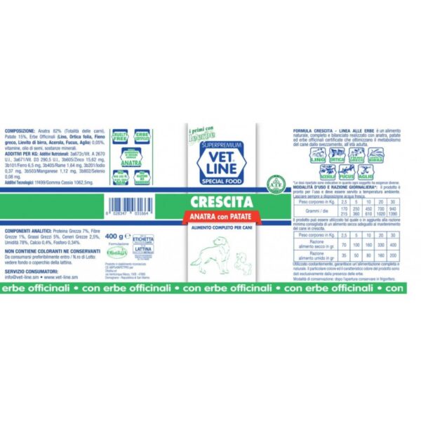 Vet Line Umido Crescita Anatra e Patate per Cuccioli Puppy VetLine - Formato 400gr caratteristiche