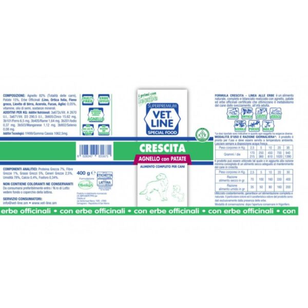 Vet Line Umido Crescita Agnello e Patate per Cuccioli Puppy VetLine - Formato 400gr caratteristiche