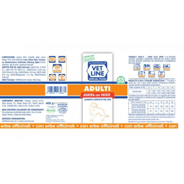 Vet Line Umido Adulti Anatra e Patate per Cani Adulti VetLine - Formato 400gr caratteristiche