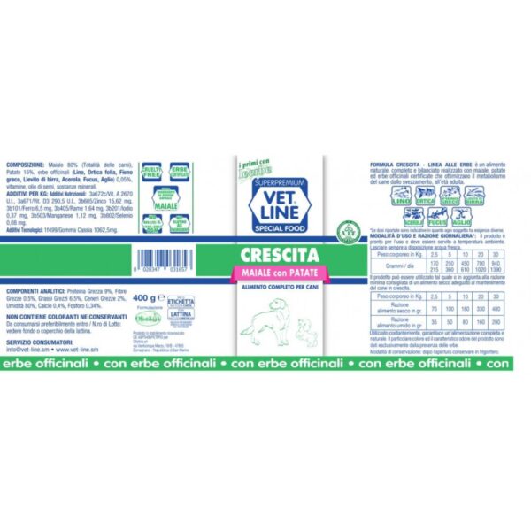Vet Line Umido Crescita Maiale e Patate per Cuccioli Puppy VetLine - Formato 400gr caratteristiche