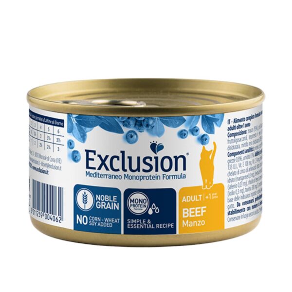 Exclusion Mediterraneo Monoproteico Noble Grain Cat Adult Manzo Alimento Umido per Gatti Adulti 85g