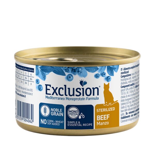 Exclusion Mediterraneo Monoproteico Noble Grain Cat Sterilized Manzo Alimento Umido per Gatti Sterilizzati 85g