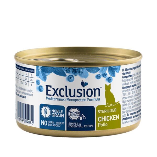 Exclusion Mediterraneo Monoproteico Noble Grain Cat Sterilized Pollo Alimento Umido per Gatti Sterilizzati 85g