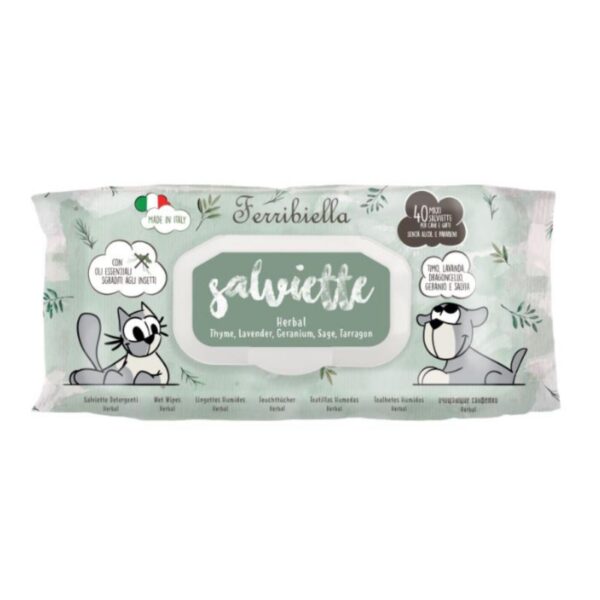 Ferribiella Salviette Detergenti Herbal con Oli Essenziali Sgraditi agli Insetti per Cani e Gatti