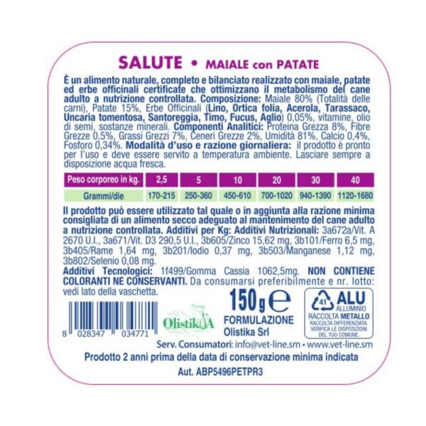 Vet Line Salute Maiale con Patate Alimento Umido Monoproteico per Cani VetLine - Formato 150gr caratteristiche