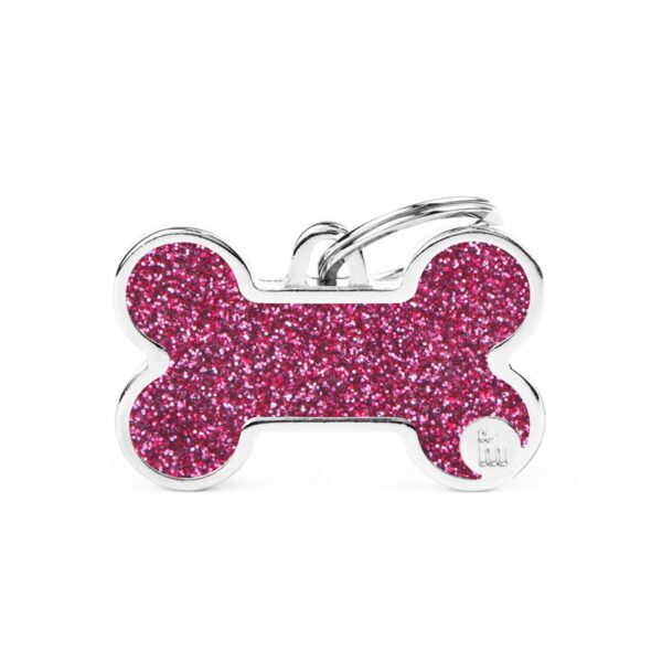MyFamily Medaglietta Shine per Cani Personalizzabile Osso Glitter Rosa - Taglia L