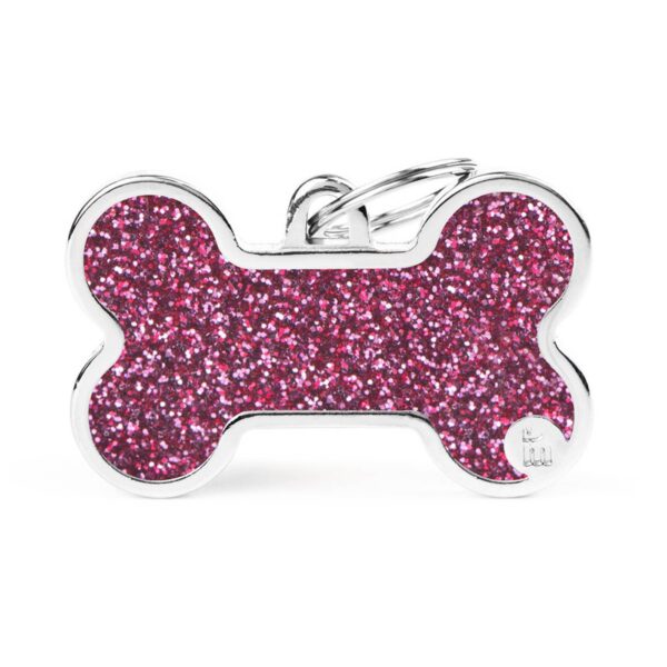 MyFamily Medaglietta Shine per Cani Personalizzabile Osso Glitter Rosa - Taglia XL