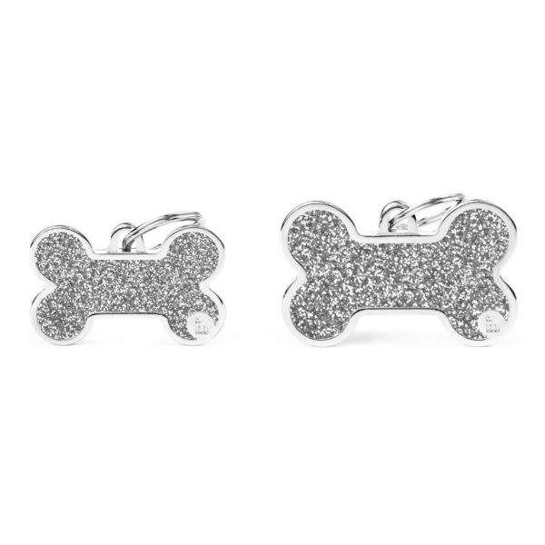 MyFamily Medaglietta Shine per Cani Personalizzabile Osso Glitter Grigio