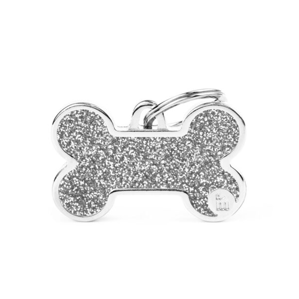 MyFamily Medaglietta Shine per Cani Personalizzabile Osso Glitter Grigio - Taglia L