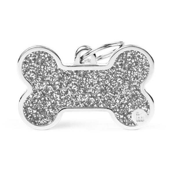 MyFamily Medaglietta Shine per Cani Personalizzabile Osso Glitter Grigio - Taglia XL