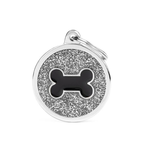 MyFamily Medaglietta Shine per Cani Personalizzabile Cerchio Grande Glitter Grigio Osso Nero