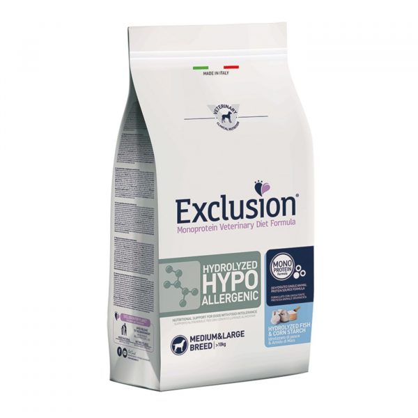 Exclusion Diet Hydrolyzed Hypoallergenic Medium Large Pesce e Amido di Mais per Cani 12Kg