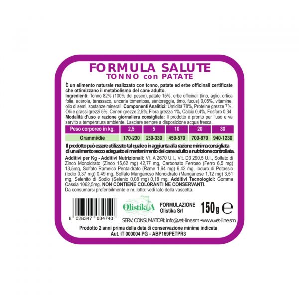 Vet Line Salute Tonno con Patate per Cani VetLine 150g - Etichetta