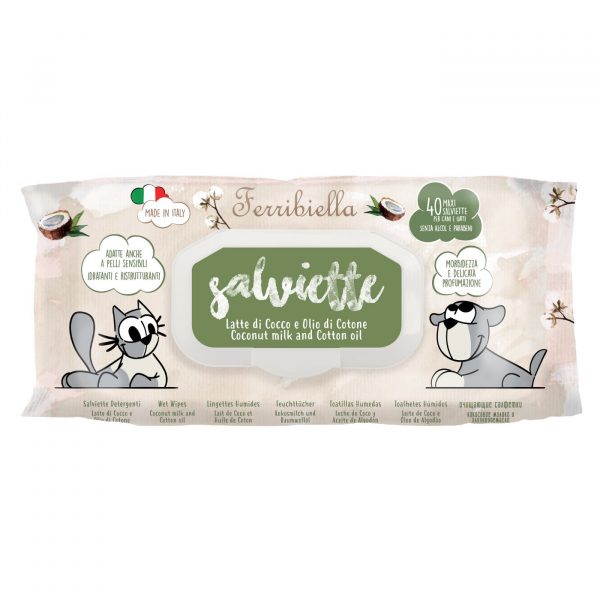 Ferribiella Salviette Detergenti Cocco Cotone per Cani e Gatti 40 Pezzi