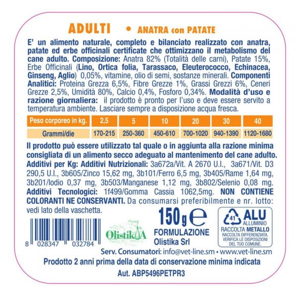 vet line umido adulti anatra e patate per cani adulti vetline