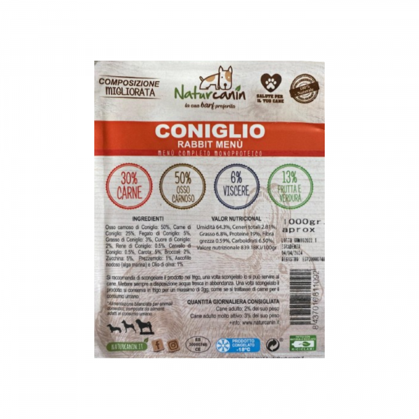 naturcanin alimento barf per cani menù completo coniglio monoproteico