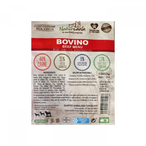 naturcanin alimento barf per cani menù completo bovino monoproteico