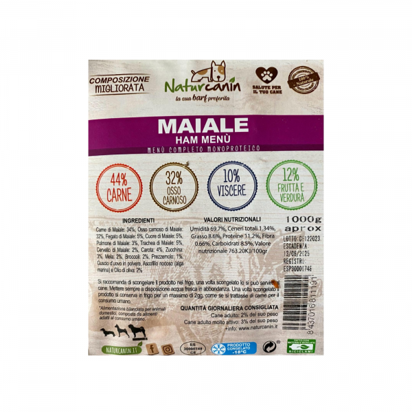 naturcanin alimento barf per cani menù completo maiale monoproteico