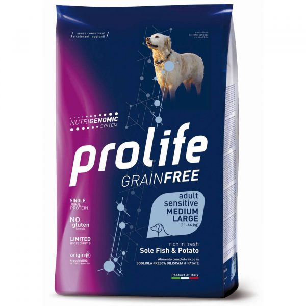 Prolife® Grain Free Sensitive Adult Medium/Large Sole Pesce e Patate per Cani