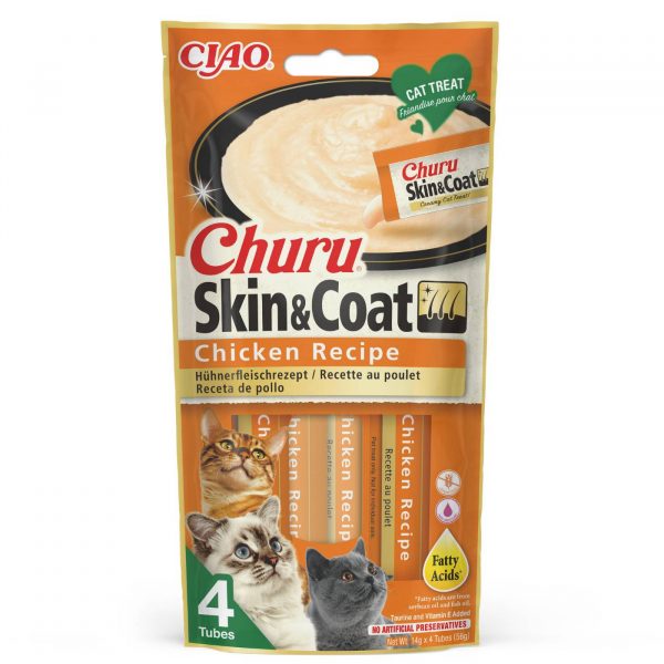 Inaba® Ciao® Churu® Skin&Coat Premio Snack in Crema per Gatti al Pollo 4 Stick da 14g