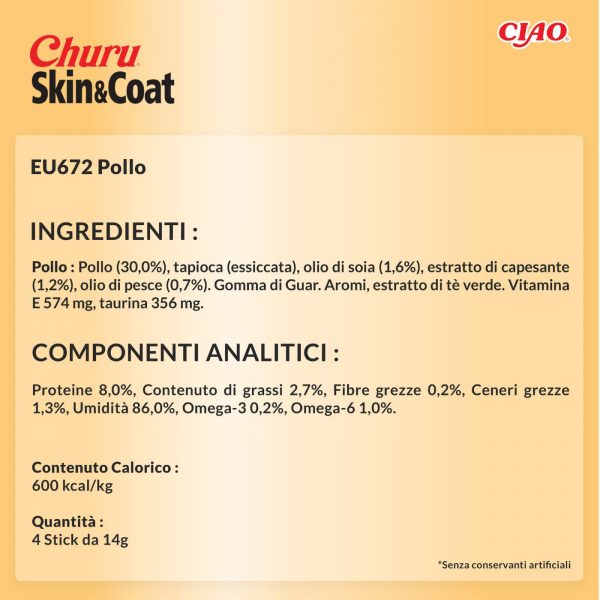Inaba® Ciao® Churu® Skin&Coat Premio Snack in Crema per Gatti al Pollo 4 Stick da 14g - Ingredienti