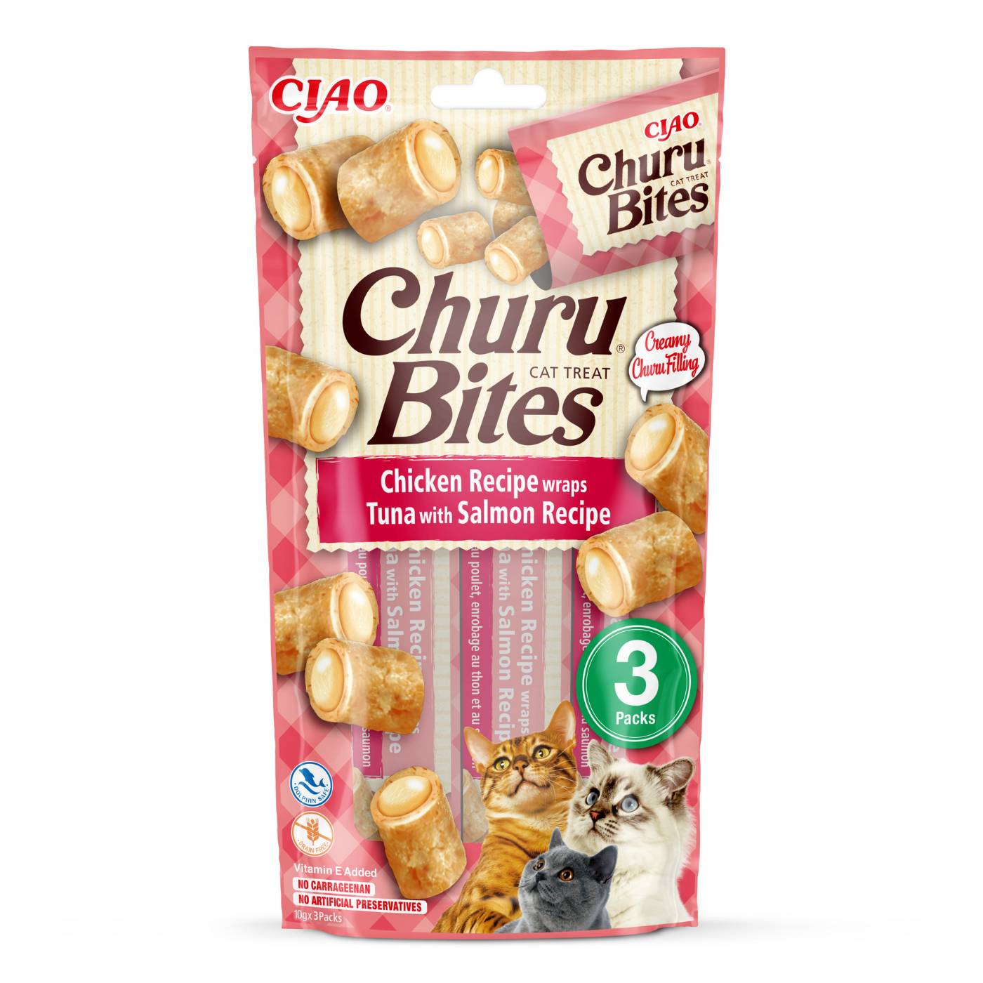 Inaba® Ciao® Churu® Bites Premio Snack per Gatti al Pollo con Ripieno Morbido di Tonno e Salmone 3 Stick da 10g