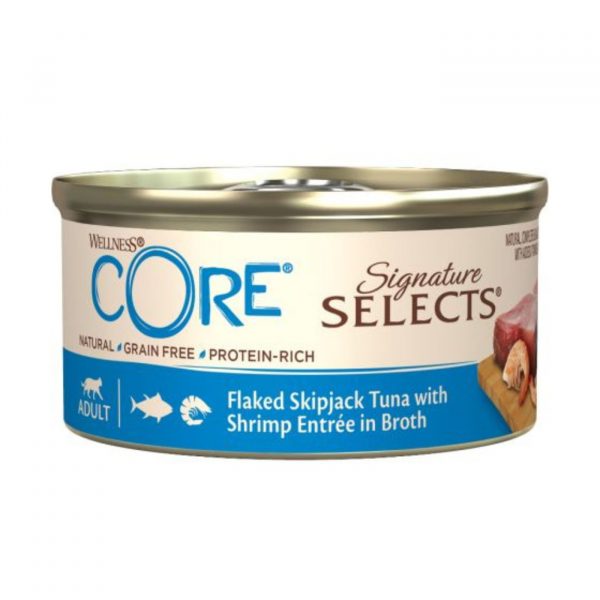 wellness core fiocchi per gatti tonno e gamberi 79 g selezione esclusiva