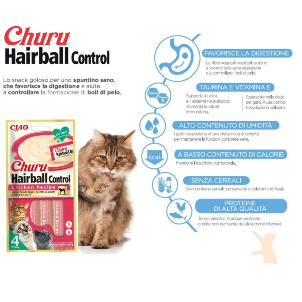 inaba® ciao® churu® hairball controll premio snack in crema per gatti al pollo 4 stick da 14g